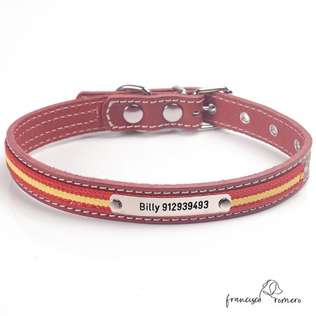 Collar de piel de vaquetilla con bandera de España Personalizado